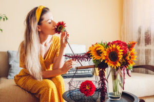 Woman smells sunflower arranging bouquet with red zinnia flowers in vase at home