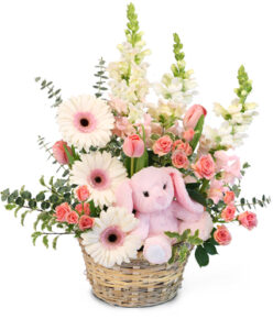 pink new baby flowers with bunny rabbit