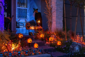 Night view of a house with Halloween decoration