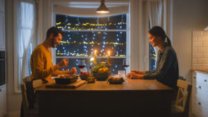 Happy Young Couple in Love Have Romantic Dinner, Eating Tasty Meal in the Kitchen, Celebrating, Talking. Beautiful Lovely Husband and Wife Have Romantic Time