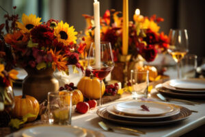 Autumn table setting for celebration with festive fall florals