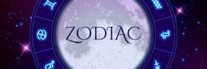Zodiac circle on space background with moon in the center, star constellations, horoscope symbols, vector illustration